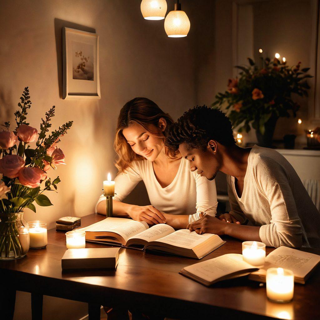 A serene and intimate scene depicting a couple in a cozy, softly-lit room, surrounded by flowers and candles, engaging in a deep conversation. Emphasize their joyful expressions and connected body language, suggesting love and intimacy. Include elements like a journal and a couple's guidebook on a nearby table, hinting at the theme of sexual wellness. Create an inviting and warm atmosphere with subtle colors. soft lighting. romantic vibe.