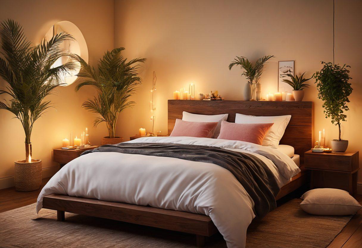 A serene and inviting bedroom adorned with soft, ambient lighting, featuring scented candles and plush pillows. A couple embraces intimately, their expressions radiating warmth and connection. Soft textures and a hint of natural elements like plants enhance the atmosphere of sensuality and wellness. The scene evokes tranquility, inviting viewers to explore the essence of intimacy. ethereal, super-realistic, vibrant colors.