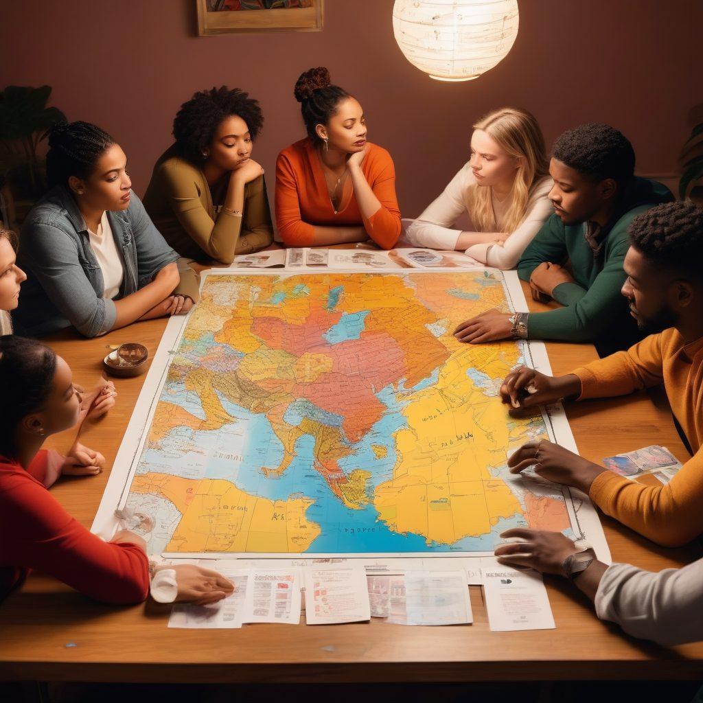 A diverse group of individuals engaged in an open discussion around a table, surrounded by symbolic imagery representing various taboo topics (like mental health, sexuality, politics). Their expressions show curiosity and respect, with soft lighting creating an inviting atmosphere. A world map in the background emphasizing global conversations. The scene is vibrant and colorful, conveying warmth and connection, while ensuring inclusivity. super-realistic. warm tones. vibrant colors.